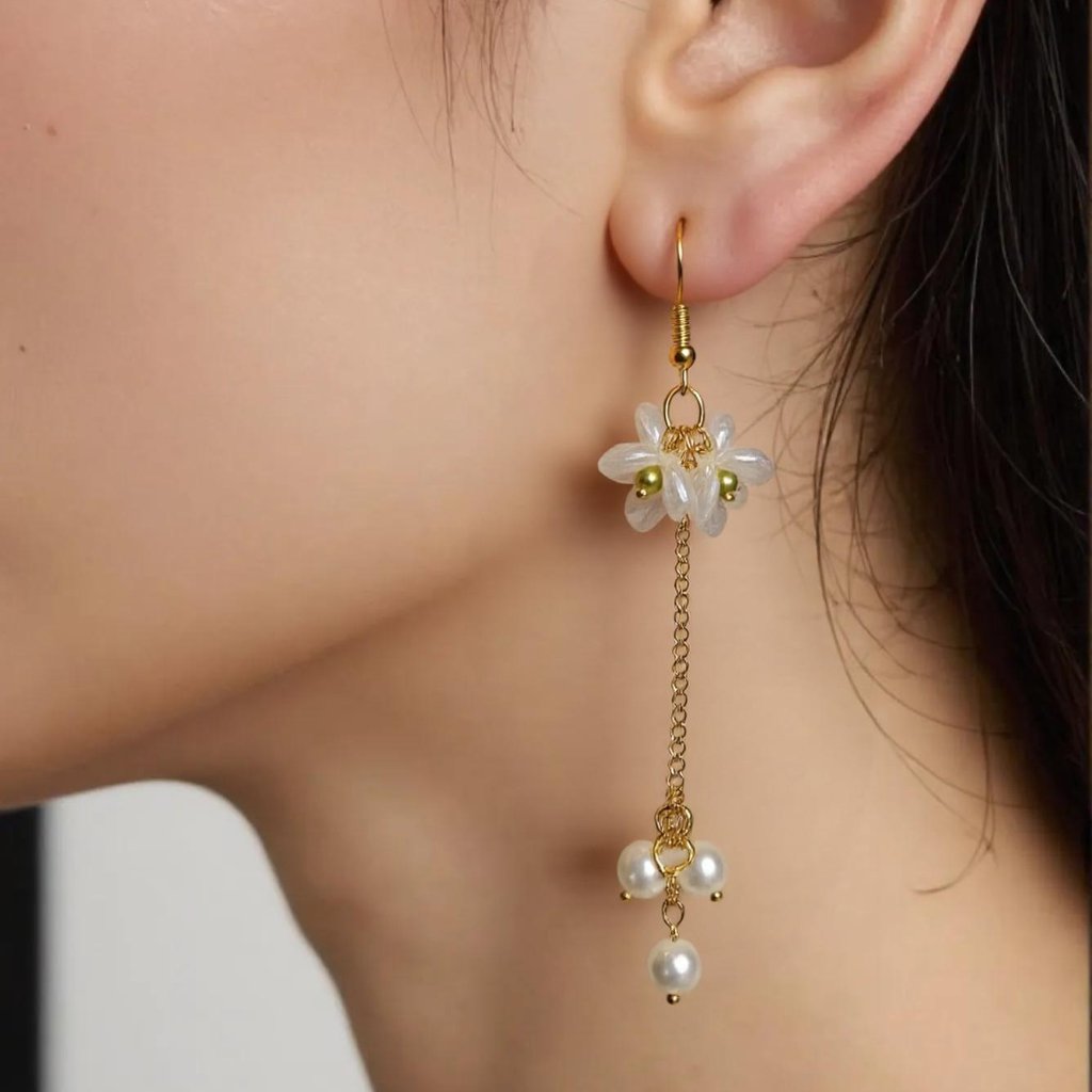 Flower Petal Dangle Earrings With Pearl Drops